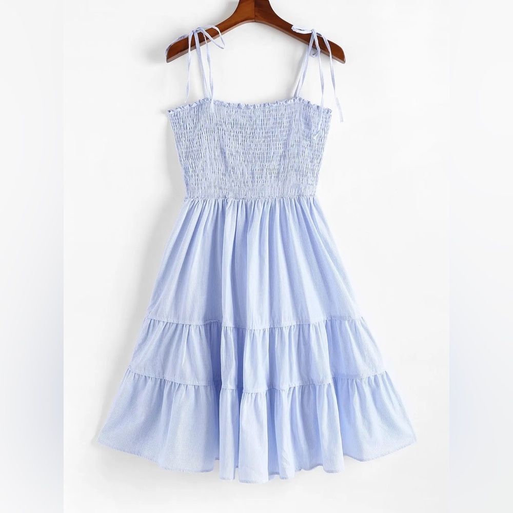 Pinstriped Tie Shoulder Smocked Bodice Tiered Dress - Light Blue Size Small
